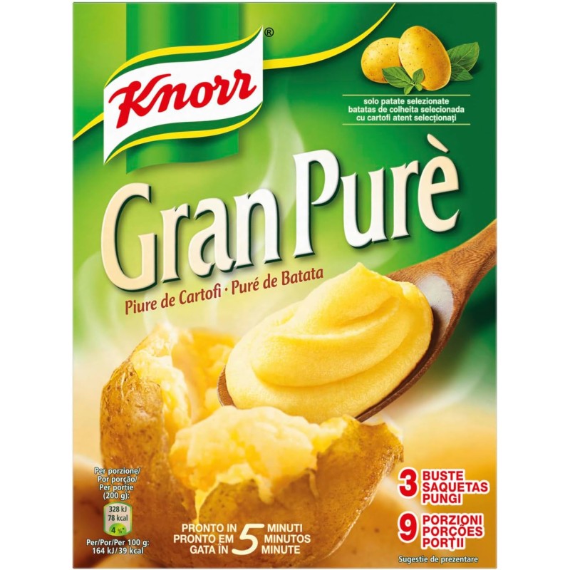 Knorr Gran Purè, Piatti Pronti Knorr con Patate da Agricoltura Sostenibile, Senza Coloranti, Senza Conservanti e Senza Glutine, Confezione da, 225g - 225 g (Confezione da 1)