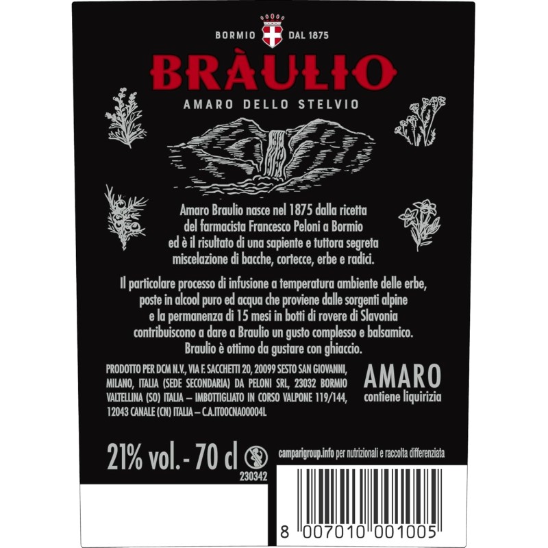 Braulio - Amaro Invecchiato in Botte di Rovere 15 Mesi, 70 cl, a Base di Erbe, Bacche e Radici, 21% Vol Braulio - Amaro Invecchiato in Botte di Rovere 15 Mesi, 70 cl, a Base di Erbe, Bacche e Radici, 21% Vol