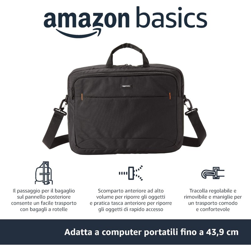 Amazon Basics Borsa a tracolla per laptop compatto, custodia per il trasporto con tasche per riporre accessori, 44 cm, 1 unità, confezione da 1, Nero - 44 cm