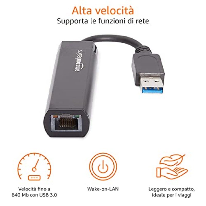 Amazon Basics Adattatore internet Ethernet, USB 3.0 a 10/100/1000 Gigabit, Nero