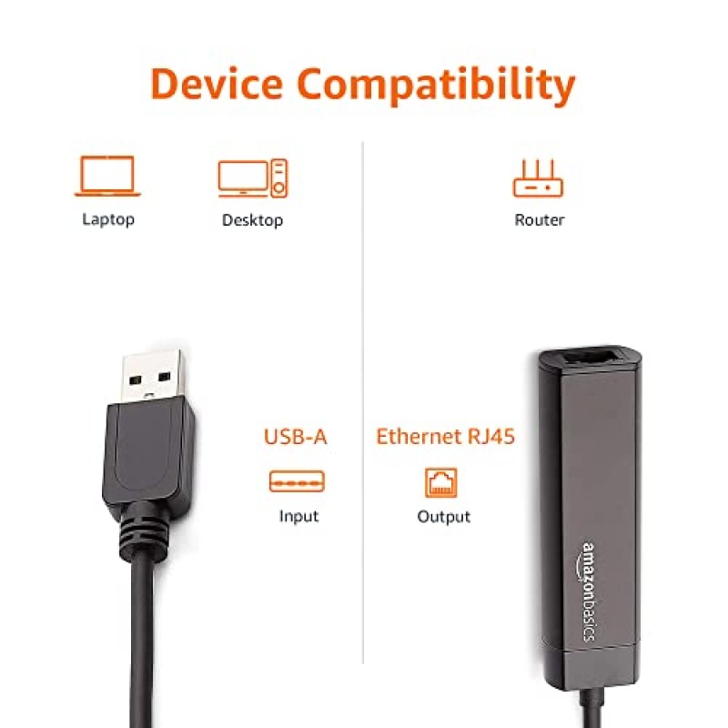 Amazon Basics Adattatore internet Ethernet, USB 3.0 a 10/100/1000 Gigabit, Nero