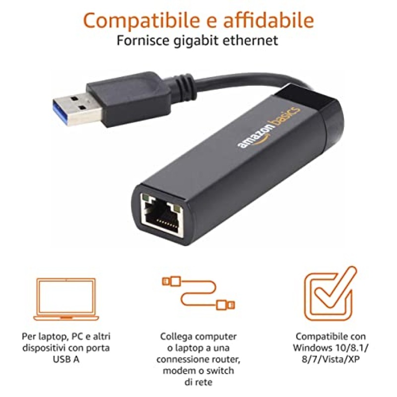 Amazon Basics Adattatore internet Ethernet, USB 3.0 a 10/100/1000 Gigabit, Nero