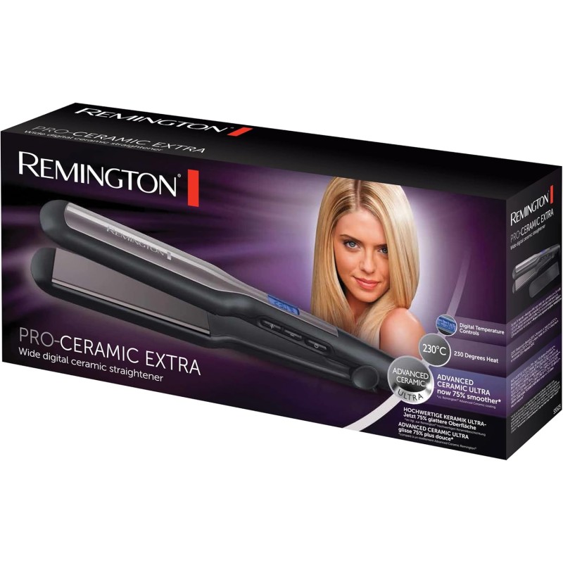 Remington Piastra per Capelli - Larga: Piastre extra larghe da 45 mm: Specifica per capelli spessi, crespi, ricci e molto lunghi - Display LCD, 150-230°C, piastra per capelli Pro-Ceramic Extra S5525
