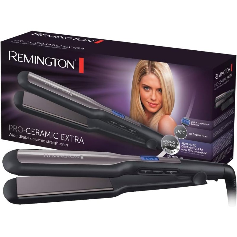 Remington Piastra per Capelli - Larga: Piastre extra larghe da 45 mm: Specifica per capelli spessi, crespi, ricci e molto lunghi - Display LCD, 150-230°C, piastra per capelli Pro-Ceramic Extra S5525
