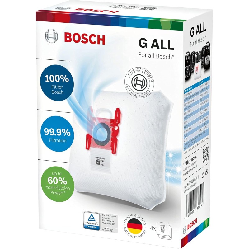 Bosch Bbz41Fgall, Quattro Sacchetti Powerprotect Per Aspirapolvere, Bianco