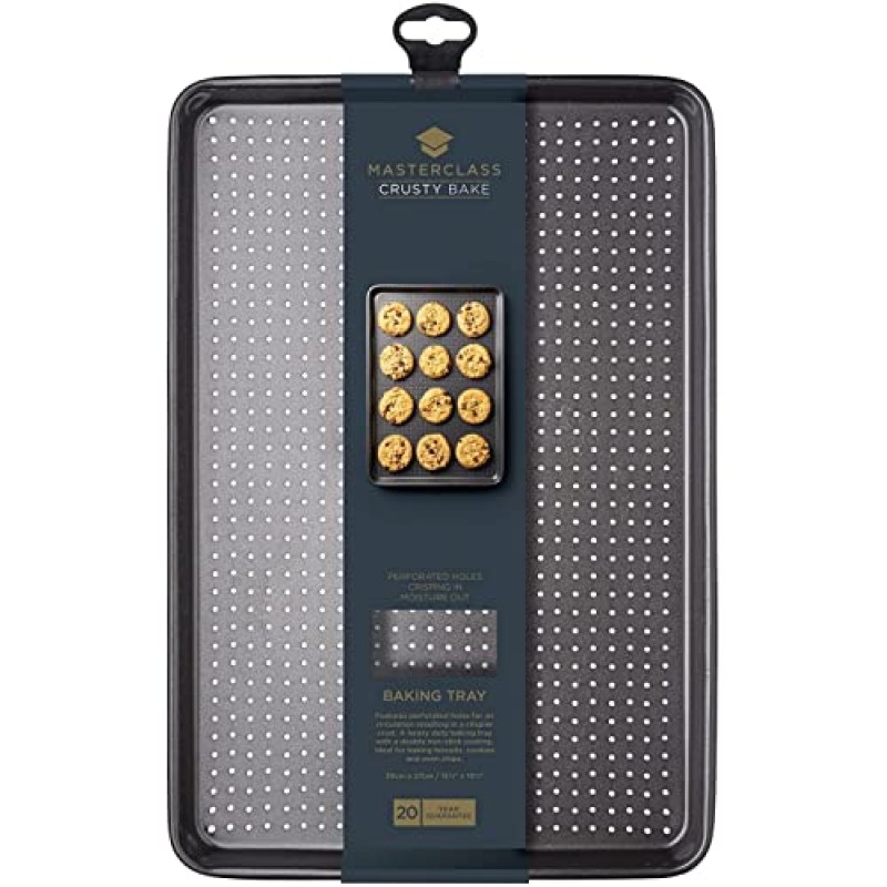 MasterClass Crusty Bake, teglia da forno antiaderente senza PTFE, PFOA e BPA, robusta lastra in acciaio al carbonio spessa 1 mm, con fori forati per una maggiore croccantezza, ultra doppio strato, 39x27 cm, grigio - 39 x 27 x 2 cm