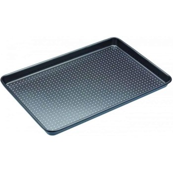 MasterClass Crusty Bake, teglia da forno antiaderente senza PTFE, PFOA e BPA, robusta lastra in acciaio al carbonio spessa 1 mm, con fori forati per una maggiore croccantezza, ultra doppio strato, 39x27 cm, grigio - 39 x 27 x 2 cm