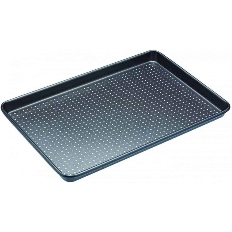 MasterClass Crusty Bake, teglia da forno antiaderente senza PTFE, PFOA e BPA, robusta lastra in acciaio al carbonio spessa 1 mm, con fori forati per una maggiore croccantezza, ultra doppio strato, 39x27 cm, grigio - 39 x 27 x 2 cm