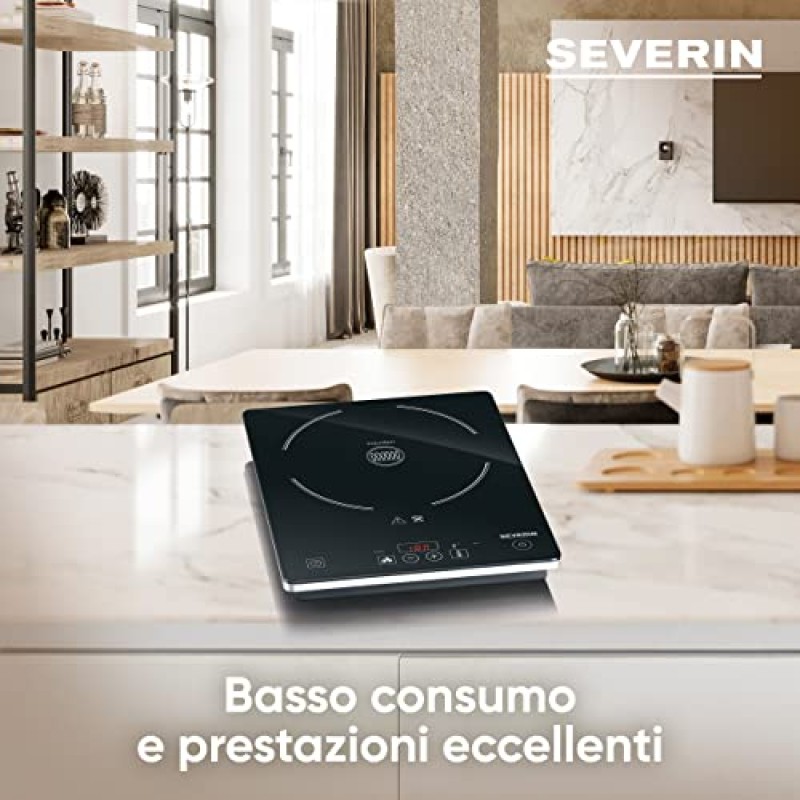 SEVERIN KP 1071, Piastra a induzione, Potenza 2000 W, Diametro 21 cm, 10 livelli di temperatura, Display di temperatura, Timer, Spegnimento automatico in caso di pericolo, risparmio energetico - Induzione singola