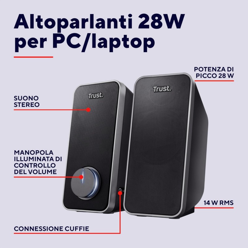Trust arys standard Casse PC 2.0 Set Altoparlanti Stereo, 28 W, Alimentazione USB, Jack AUX 3.5 mm, Casse per PC Fisso, Altoparlante per Computer, Portatile, Tablet, Smartphone - Nero Trust arys standard Casse PC 2.0 Set Altoparlanti Stereo, 28 W, Alimentazione USB, Jack AUX 3.5 mm, Casse per PC Fisso, Altoparlante per Computer, Portatile, Tablet, Smartphone - Nero