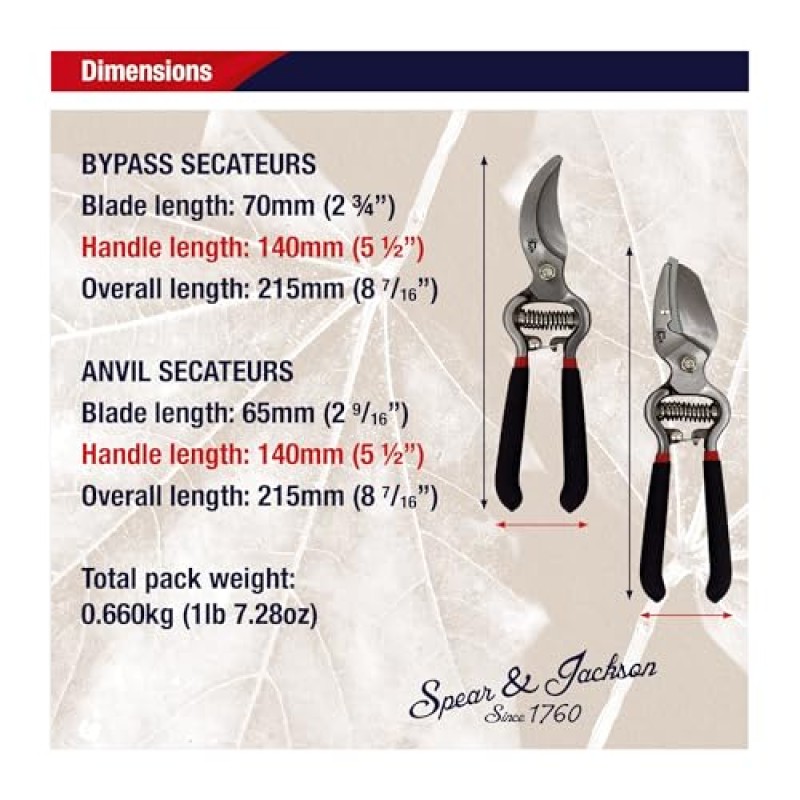 Spear & Jackson CUTTINGSET8 Kit di Forbici da Potatura Tradizionali a Incudine e con Azione di Taglio By-Pass, Multicolore, 21x11.5x2 cm