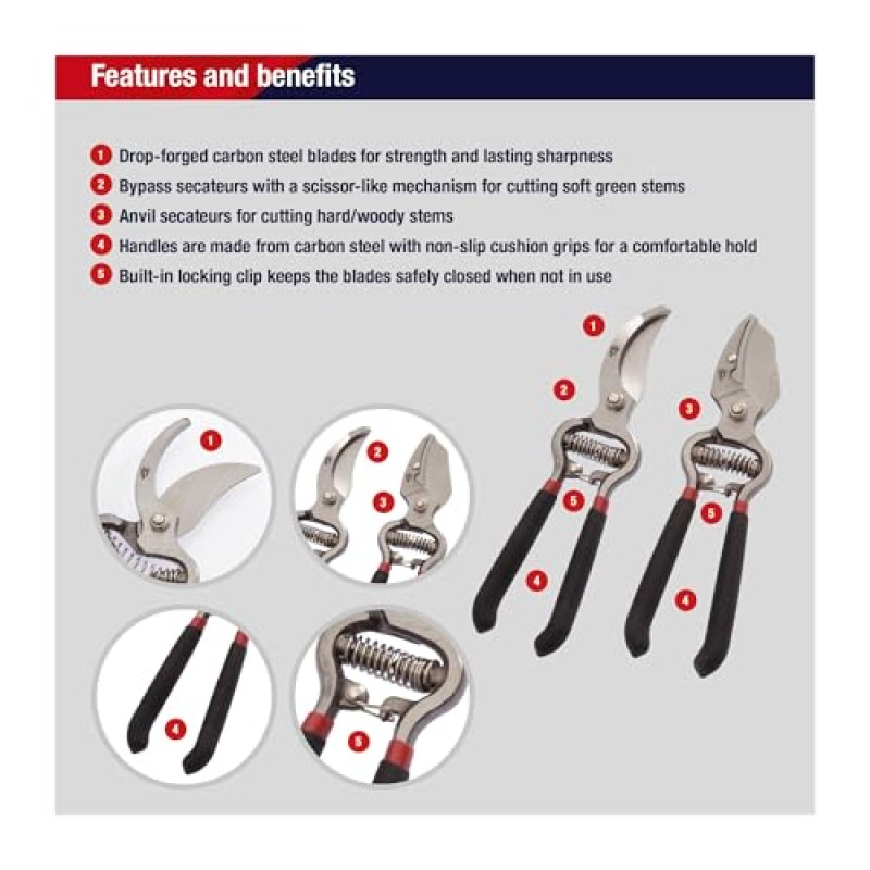 Spear & Jackson CUTTINGSET8 Kit di Forbici da Potatura Tradizionali a Incudine e con Azione di Taglio By-Pass, Multicolore, 21x11.5x2 cm