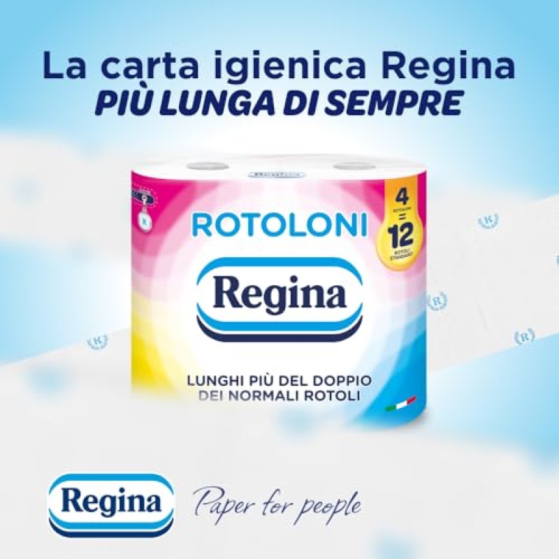 Rotoloni Regina - 8 Maxi Rotoli di Carta Igienica, 500 Fogli a 2 Veli, Lunghi Più del Doppio dei Normali Rotoli, Confezione 50% in Plastica Riciclata, Carta 100% Certificata FSC - 8 Rotoloni