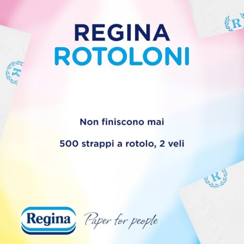 Rotoloni Regina - 8 Maxi Rotoli di Carta Igienica, 500 Fogli a 2 Veli, Lunghi Più del Doppio dei Normali Rotoli, Confezione 50% in Plastica Riciclata, Carta 100% Certificata FSC - 8 Rotoloni