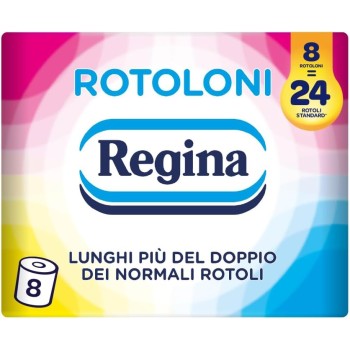 Rotoloni Regina - 8 Maxi Rotoli di Carta Igienica, 500 Fogli a 2 Veli, Lunghi Più del Doppio dei Normali Rotoli, Confezione 50% in Plastica Riciclata, Carta 100% Certificata FSC - 8 Rotoloni