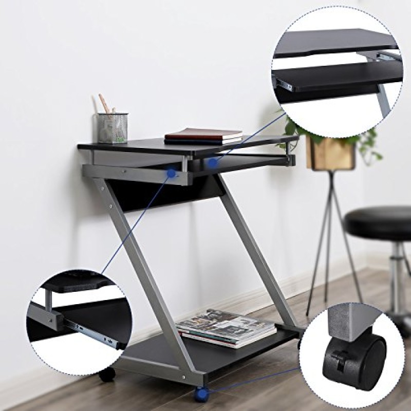 VASAGLE Scrivania per Computer, Scrivania da Ufficio, Facile da Montare, Tavolo Porta PC con Ripiano Scorrevole Porta Tastiera, 4 Rotelle con Freno per Casa Ufficio Studio Nero LCD811B - Nero