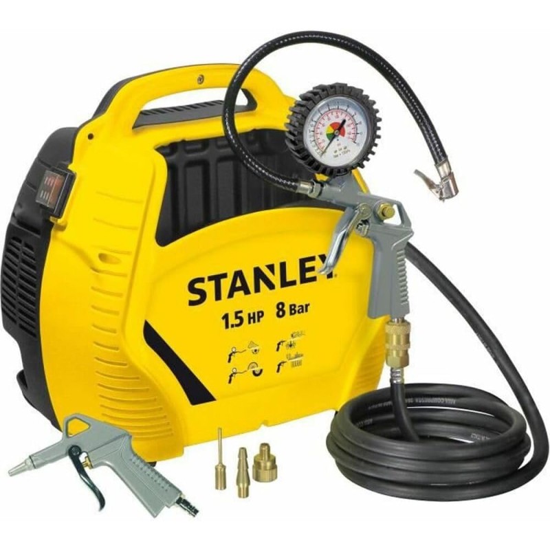 Stanley Compressore Aria Portatile 8 Bar - Compressore 8Bar Senza Olio con Attrezzi Pneumatici - Incl. Tubo dell'Aria da 3M, Pistola ad Aria con Manometro e 3 Ugelli - Giallo - 20 Litri