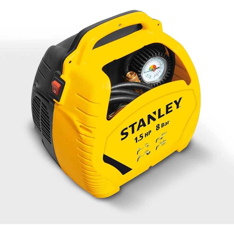 Stanley Compressore Aria Portatile 8 Bar - Compressore 8Bar Senza Olio con Attrezzi Pneumatici - Incl. Tubo dell'Aria da 3M, Pistola ad Aria con Manometro e 3 Ugelli - Giallo - 20 Litri
