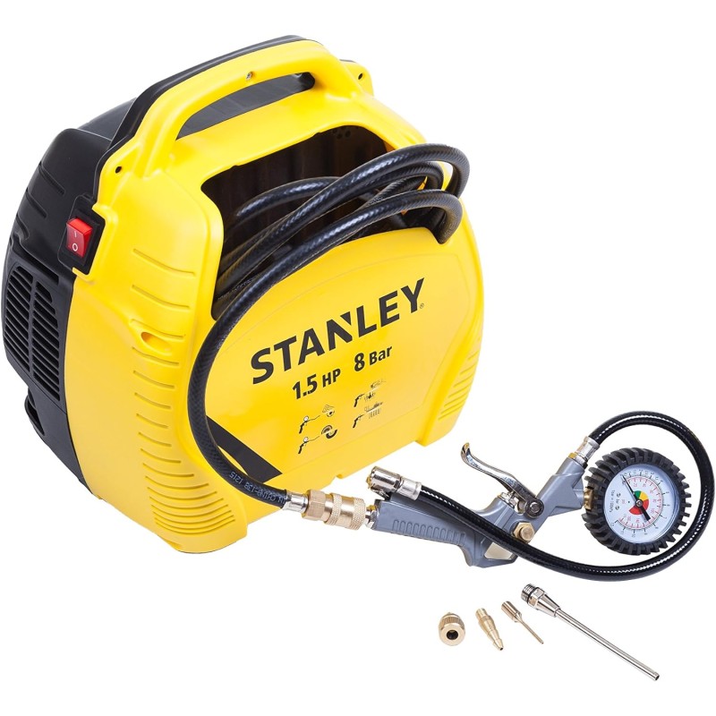 Stanley Compressore Aria Portatile 8 Bar - Compressore 8Bar Senza Olio con Attrezzi Pneumatici - Incl. Tubo dell'Aria da 3M, Pistola ad Aria con Manometro e 3 Ugelli - Giallo - 20 Litri
