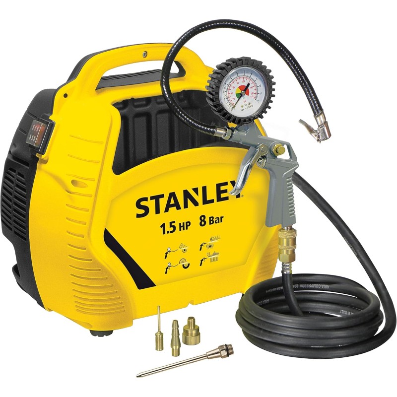 Stanley Compressore Aria Portatile 8 Bar - Compressore 8Bar Senza Olio con Attrezzi Pneumatici - Incl. Tubo dell'Aria da 3M, Pistola ad Aria con Manometro e 3 Ugelli - Giallo - 20 Litri