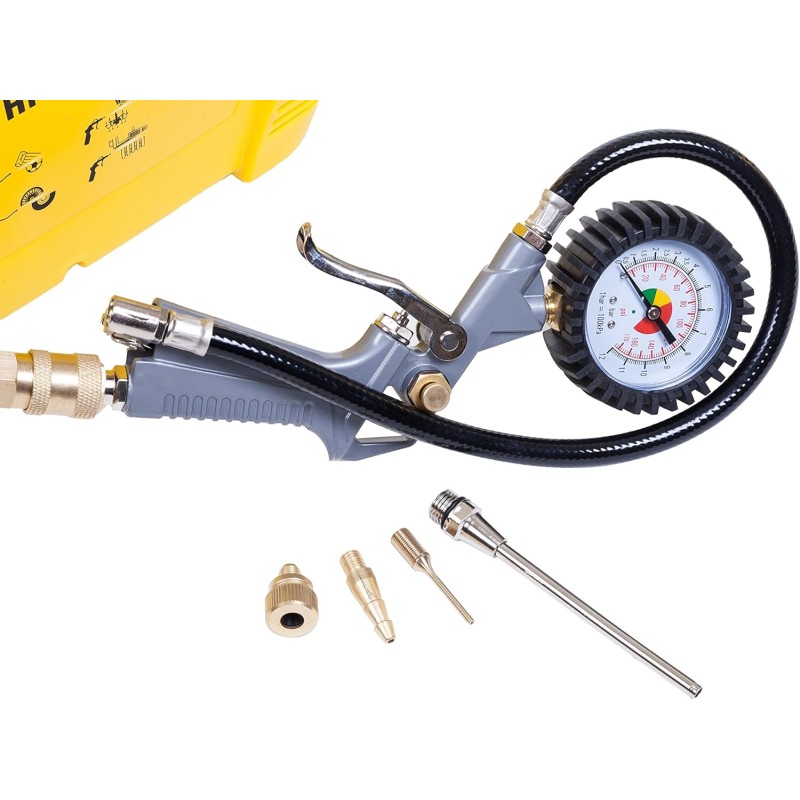 Stanley Compressore Aria Portatile 8 Bar - Compressore 8Bar Senza Olio con Attrezzi Pneumatici - Incl. Tubo dell'Aria da 3M, Pistola ad Aria con Manometro e 3 Ugelli - Giallo - 20 Litri