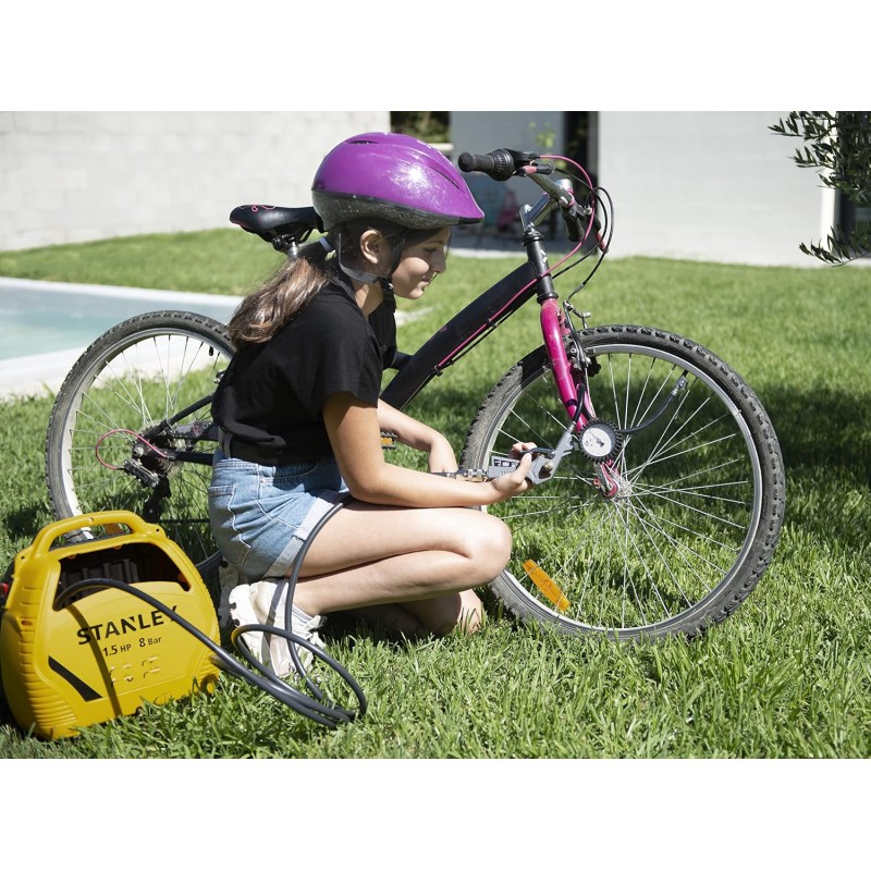 Stanley Compressore Aria Portatile 8 Bar - Compressore 8Bar Senza Olio con Attrezzi Pneumatici - Incl. Tubo dell'Aria da 3M, Pistola ad Aria con Manometro e 3 Ugelli - Giallo - 20 Litri