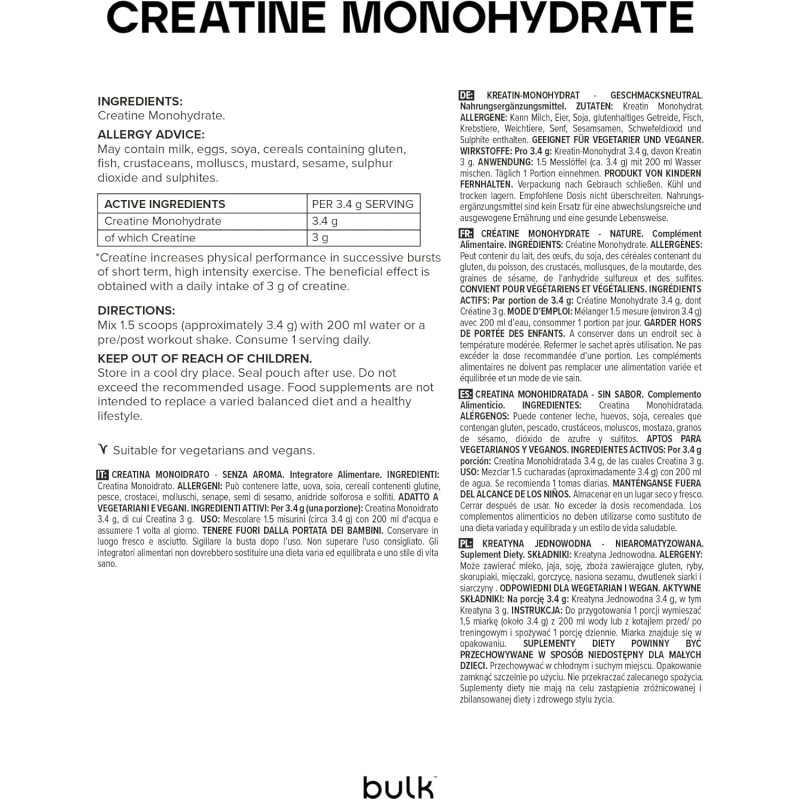 Bulk Creatina Monoidrato Polvere 500 g | 147 porzioni | Creatina micronizzata pura | Senza aroma | Vegano e Halal | Ideale per fitness, allenamento e palestra | Si scioglie facilmente - 147 Porzioni (Confezione da 1)