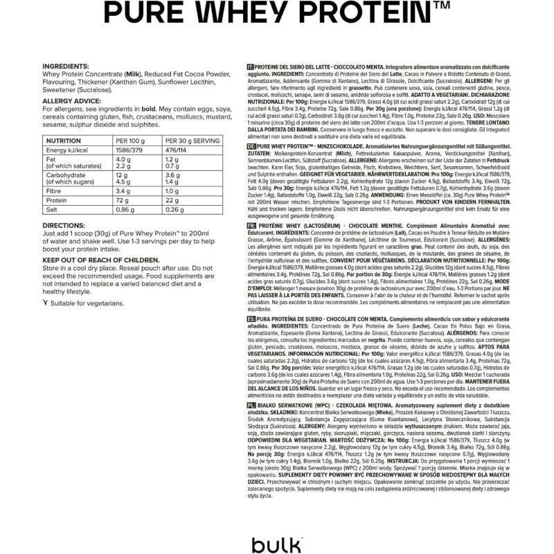 Bulk Pure Whey Proteine in Polvere | Cioccolato e Menta | 22g Proteine e 5g BCAA per dose | Basso contenuto di zuccheri | Supporta la crescita e il recupero muscolare | Facile da miscelare | 2.5kg - 83 Porzioni (Confezione da 1) Bulk Pure Whey Proteine in Polvere | Cioccolato e Menta | 22g Proteine e 5g BCAA per dose | Basso contenuto di zuccheri | Supporta la crescita e il recupero muscolare | Facile da miscelare | 2.5kg - 83 Porzioni (Confezione da 1)