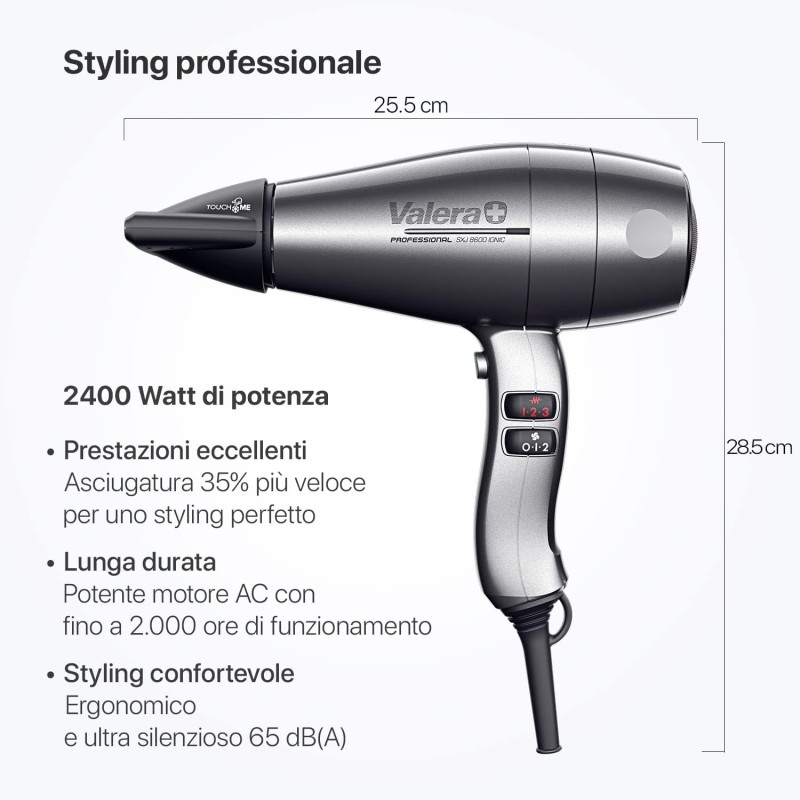 Valera, Swiss Silent Jet 8600, Asciugacapelli Professionale, Phon Silenzioso, con Potente Motore, 3 Livelli di Temperatura, Ionizzatore, Cavo Flessibile Anti-Attorcigliamento, 2400 W, Platino