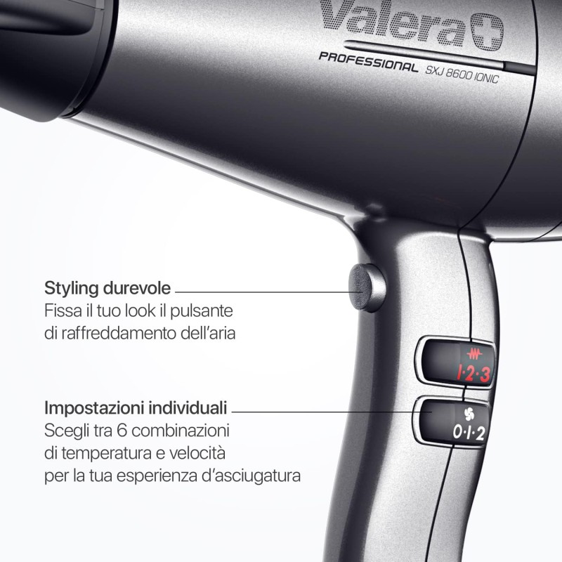 Valera, Swiss Silent Jet 8600, Asciugacapelli Professionale, Phon Silenzioso, con Potente Motore, 3 Livelli di Temperatura, Ionizzatore, Cavo Flessibile Anti-Attorcigliamento, 2400 W, Platino