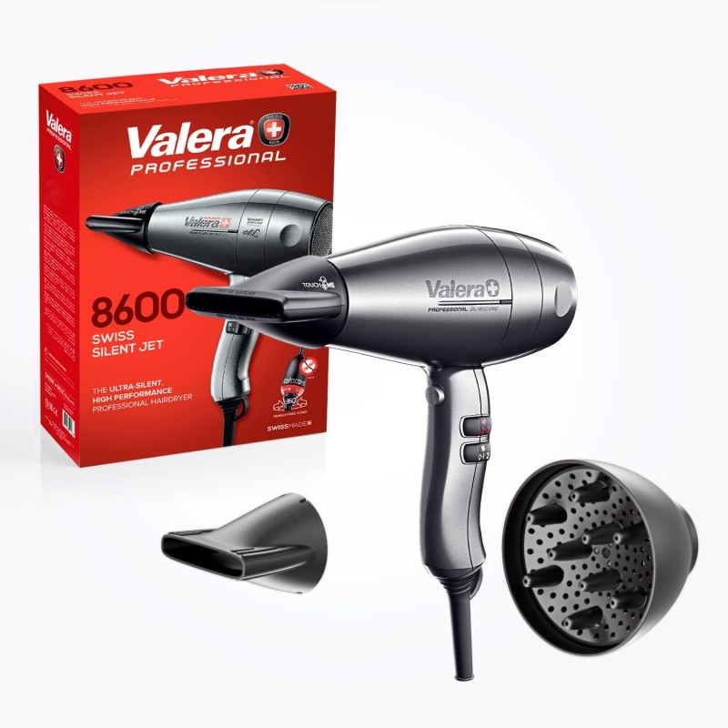 Valera, Swiss Silent Jet 8600, Asciugacapelli Professionale, Phon Silenzioso, con Potente Motore, 3 Livelli di Temperatura, Ionizzatore, Cavo Flessibile Anti-Attorcigliamento, 2400 W, Platino
