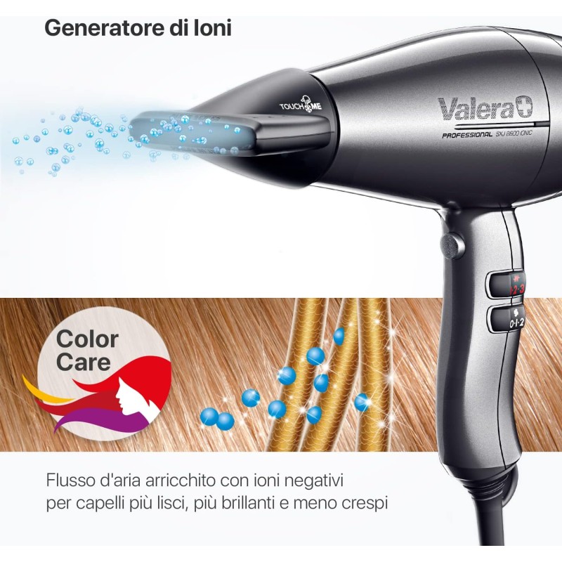 Valera, Swiss Silent Jet 8600, Asciugacapelli Professionale, Phon Silenzioso, con Potente Motore, 3 Livelli di Temperatura, Ionizzatore, Cavo Flessibile Anti-Attorcigliamento, 2400 W, Platino