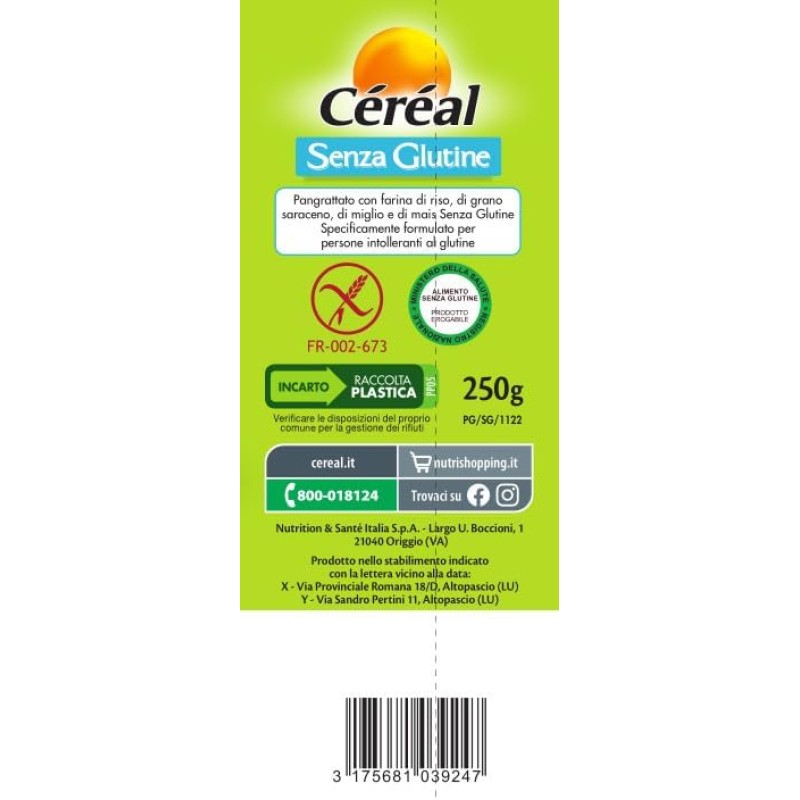 CÉRÉAL PANGRATTATO, Pangrattato senza glutine, Versione gluten free per celiaci, OTTIMO per impanature croccanti e leggere, Per preparare pasti gustosi, Ricco in fibre, 250 gr