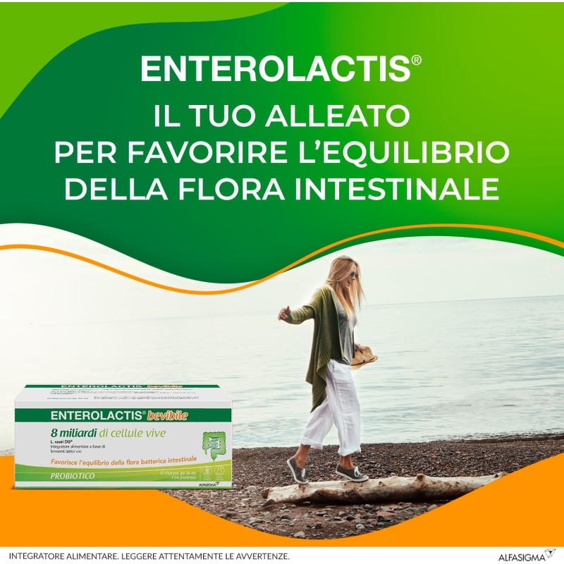 Enterolactis Bevibile, Integratore Alimentare di Fermenti Lattici Vivi L,Casei DG, 8 Miliardi di Cellule Vive, Senza Glutine e Lattosio, 12 Flanconcini da 10ml, Gusto Fragola - 12 flaconcini