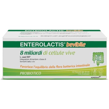 Enterolactis Bevibile, Integratore Alimentare di Fermenti Lattici Vivi L,Casei DG, 8 Miliardi di Cellule Vive, Senza Glutine e Lattosio, 12 Flanconcini da 10ml, Gusto Fragola - 12 flaconcini