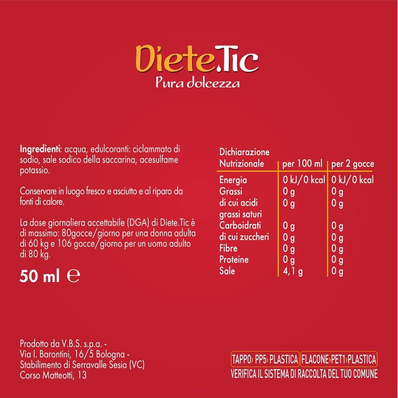 Diete.Tic, Dolcificante Liquido Zero Calorie, Formato Comodo e Pratico da 50 ml, Senza Glutine, Senza Conservanti e Aspartame, Ottimo per Dolcificare Bevande Calde e Fredde, Yogurt, Macedonie e Dolci - 1 unità (Confezione da 1) Diete.Tic, Dolcificante Liquido Zero Calorie, Formato Comodo e Pratico da 50 ml, Senza Glutine, Senza Conservanti e Aspartame, Ottimo per Dolcificare Bevande Calde e Fredde, Yogurt, Macedonie e Dolci - 1 unità (Confezione da 1)