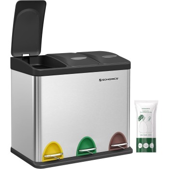 SONGMICS Cestino per Rifiuti da Cucina, 3 x 8 L Pattumiera Differenziata Piccolo Volume, Cestino Triplo in Acciaio, Pedali e Secchi Interni, Facile da Pulire, Argento e Nero LTB24L - Argento