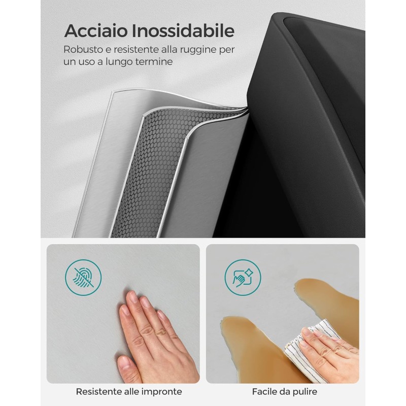 SONGMICS Cestino per Rifiuti da Cucina, 3 x 8 L Pattumiera Differenziata Piccolo Volume, Cestino Triplo in Acciaio, Pedali e Secchi Interni, Facile da Pulire, Argento e Nero LTB24L - Argento