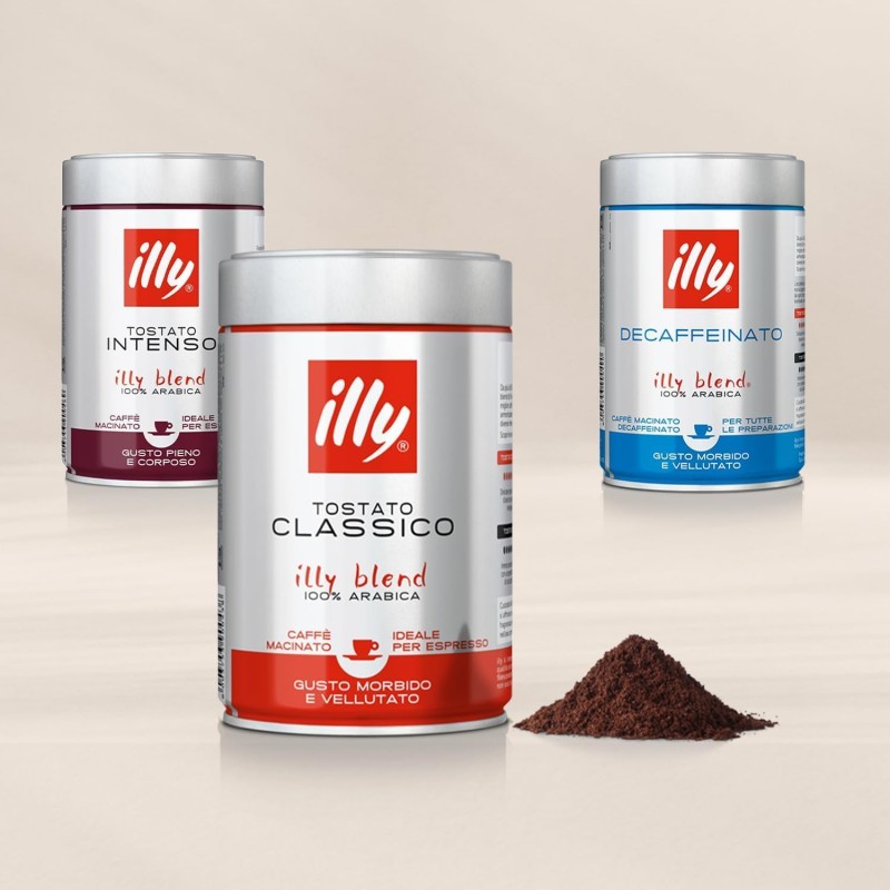 illy, Caffè Macinato per Espresso Tostato INTENSO, 100% Arabica con Note di Cacao e Frutta Secca, Retrogusto Pieno e Corposo, Confezione da 250g