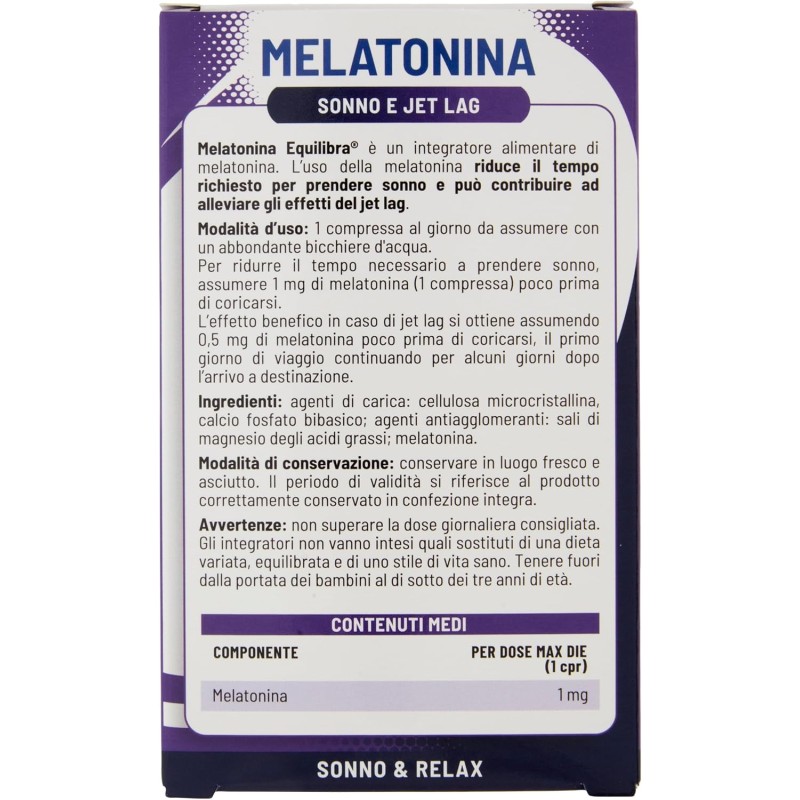 Equilibra Integratori Alimentari, Melatonina, Integratore per Ridurre il Tempo Richiesto per Prendere Sonno, Effetto Benefico Anche in Caso di Jet Lag, a Base di Melatonina, 75 Compresse