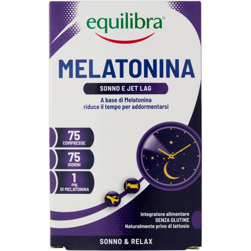 Equilibra Integratori Alimentari, Melatonina, Integratore per Ridurre il Tempo Richiesto per Prendere Sonno, Effetto Benefico Anche in Caso di Jet Lag, a Base di Melatonina, 75 Compresse