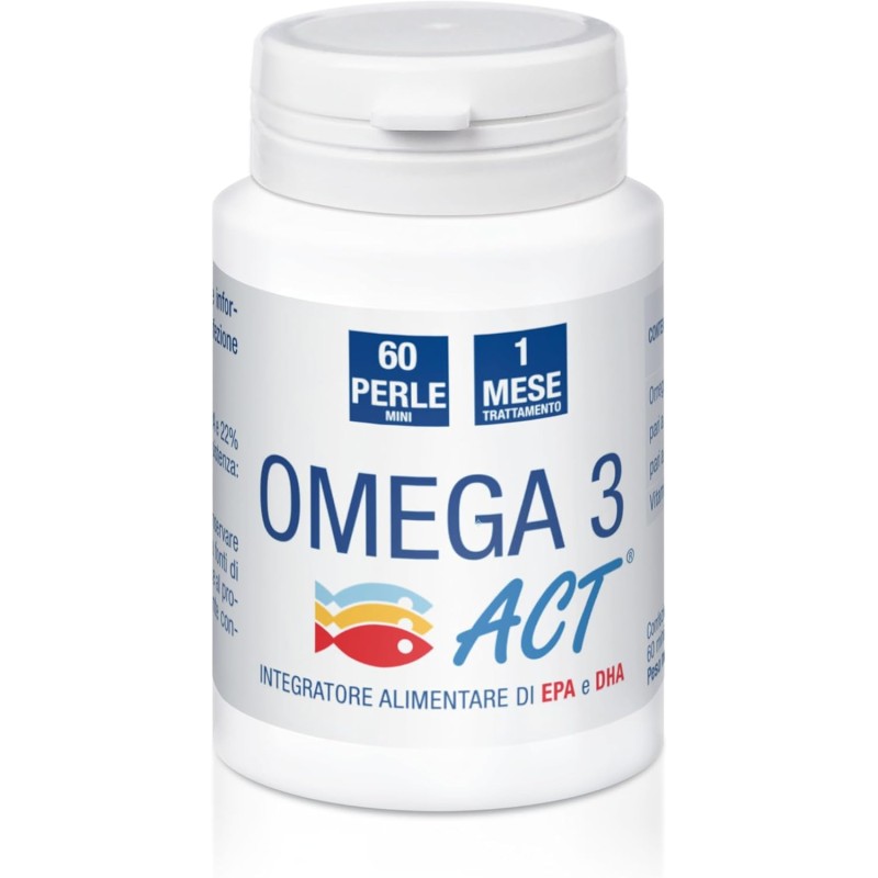 Omega 3 Act, Integratore Alimentare a base di Olio di Pesce (EPA - DHA), per la Funzione Cardiaca, Cerebrale e Visiva - 1 Confezione da 60 Mini Perle