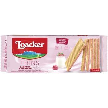 Loacker, Thins, Wafer Finissimi e Croccanti Farciti con una Deliziosa Crema al Lampone e Yogurt, Senza Aromi e Coloranti Aggiunti, Ideali a Colazione, Merenda e Snack, 1 Confezione da 150g