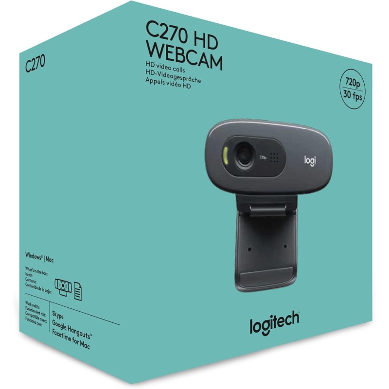 Logitech C270 Webcam HD, 720p/30fps, Videochiamate HD Widescreen, Correzione Automatica Luminosità, Microfono Riduzione del Rumore Logitech C270 Webcam HD, 720p/30fps, Videochiamate HD Widescreen, Correzione Automatica Luminosità, Microfono Riduzione del Rumore