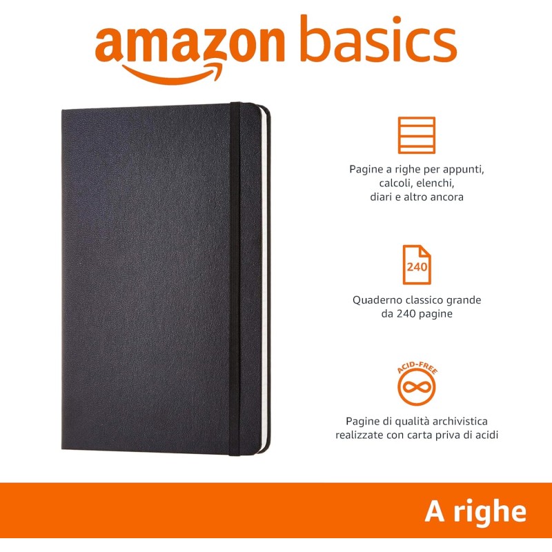 Amazon Basics Taccuino classico, A5, con pagine bianche, Misura Grande, nero - Misura Grande