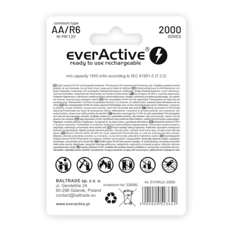 everActive Batteria AA 2000 mAh, 4 pezzi, NI-MH, Mignon R6, ricaricabile, precaricata, Silver Line 1,2 V, 1 blister, argento, EHRL6-2000