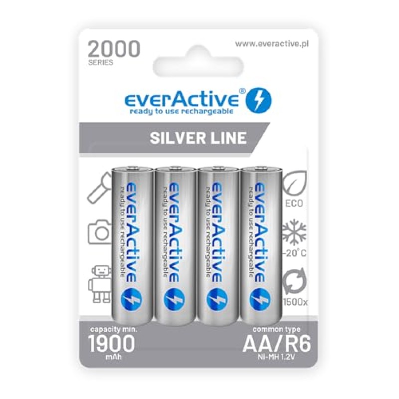 everActive Batteria AA 2000 mAh, 4 pezzi, NI-MH, Mignon R6, ricaricabile, precaricata, Silver Line 1,2 V, 1 blister, argento, EHRL6-2000