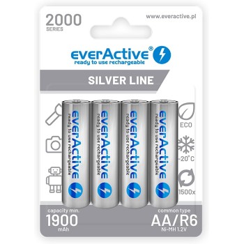 everActive Batteria AA 2000 mAh, 4 pezzi, NI-MH, Mignon R6, ricaricabile, precaricata, Silver Line 1,2 V, 1 blister, argento, EHRL6-2000 everActive Batteria AA 2000 mAh, 4 pezzi, NI-MH, Mignon R6, ricaricabile, precaricata, Silver Line 1,2 V, 1 blister, argento, EHRL6-2000
