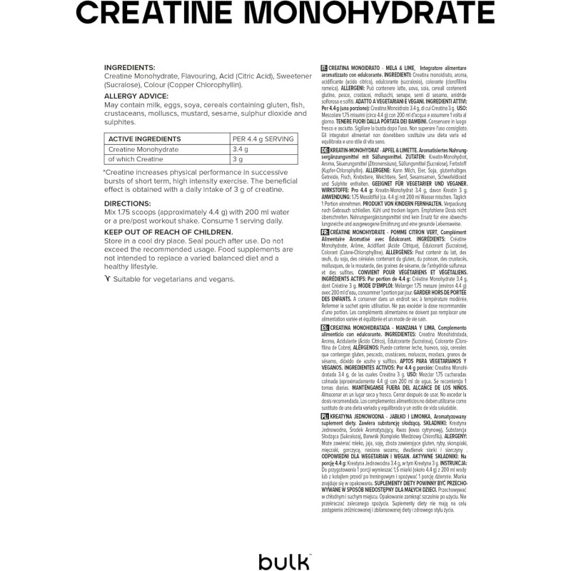 Bulk Creatina Monoidrato Polvere 500 g | 147 porzioni | Creatina micronizzata pura | Mela e Lime | Vegano e Halal | Ideale per fitness, allenamento e palestra | Si scioglie facilmente - 147 Porzioni (Confezione da 1)