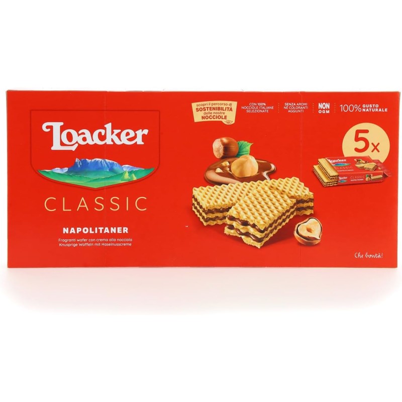 Loacker - Classic Napolitaner - Wafer Classico con 3 Strati di Cialde Farcite con Crema alla Nocciola - Merenda e Snack - Formato Famiglia con 5 Wafer da 45 Grammi